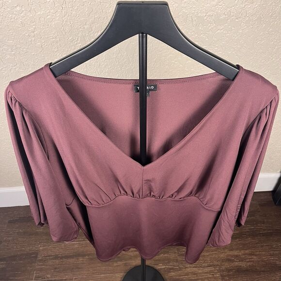 Torrid Studio Knit V-Neck Top Plus Size 1 Sassafras Quarter Sleeve Shirred - Picture 2 of 12